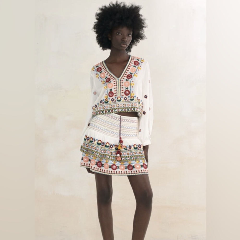 Zara boho linen cotton embroidered mirrored embellish top white multicolor